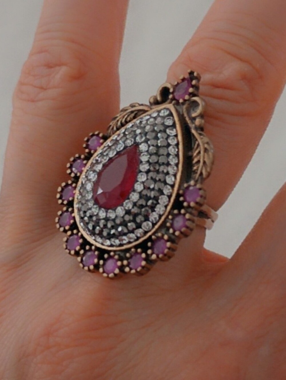 Estate Ruby, CZ & Marcasite Statement Cocktail Ring Adjustable